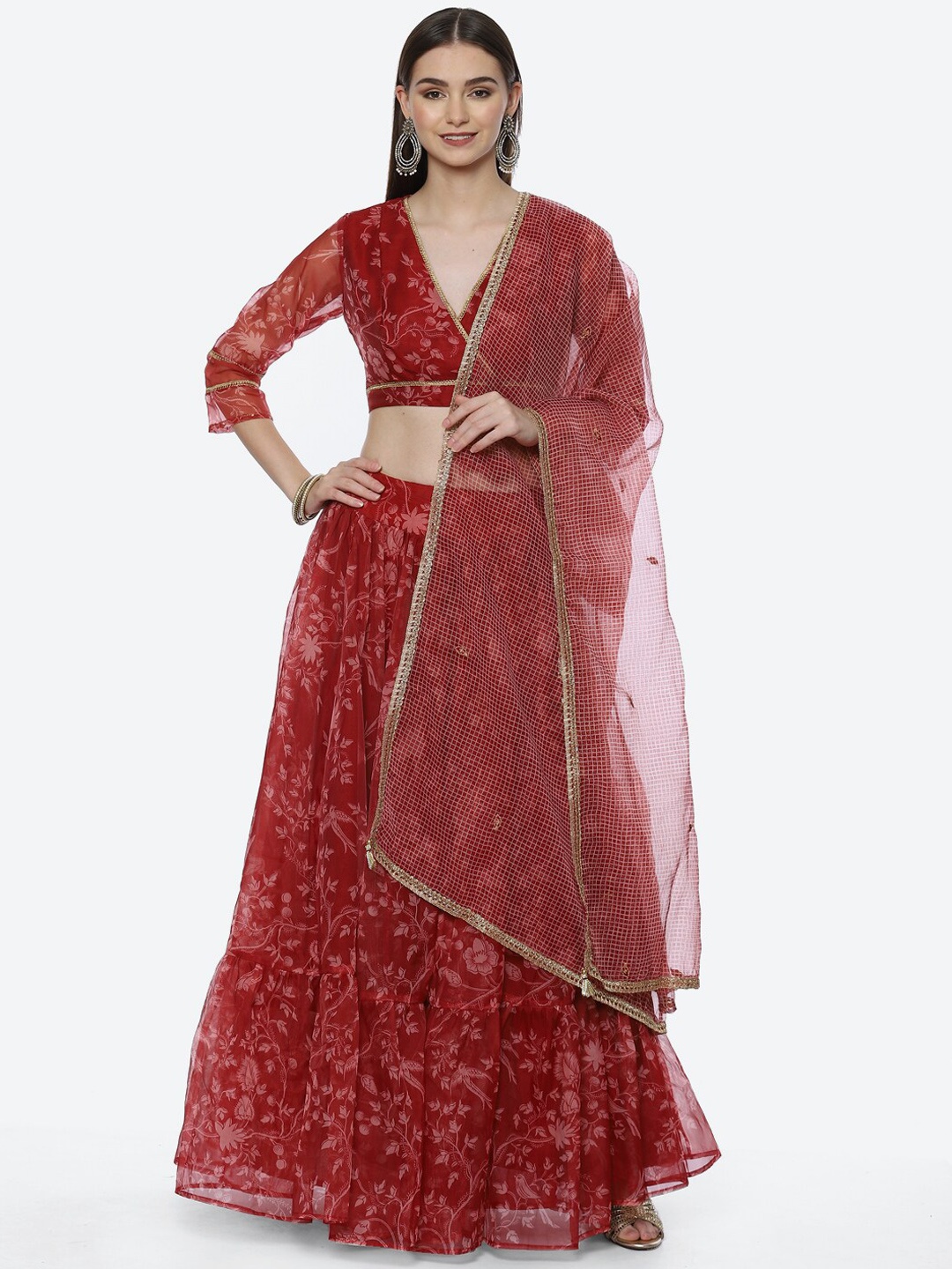 

Biba Women Floral Printed Ready to Wear Lehenga & Blouse With Dupatta, Red