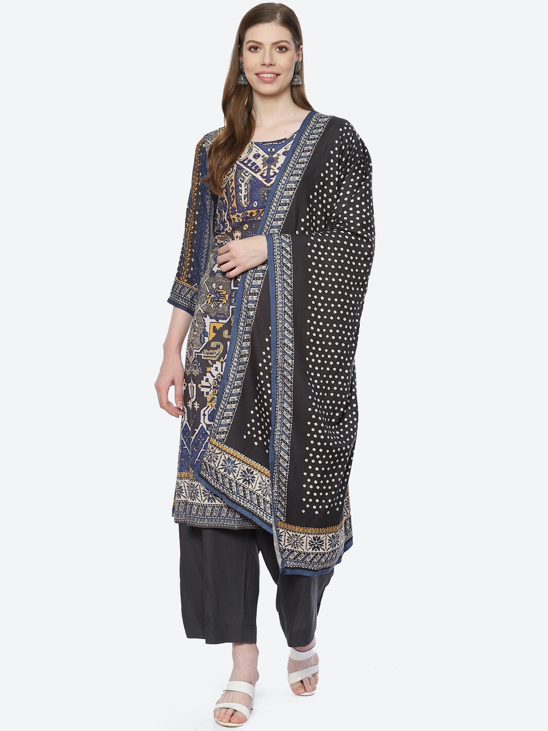 

Biba Women Blue Printed Kurta with Palazzos & With Dupatta