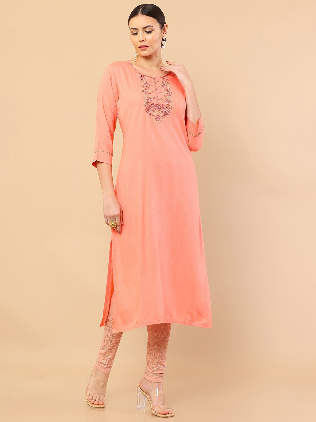 

Soch Women Peach-Coloured Yoke Design Thread Work Kurta