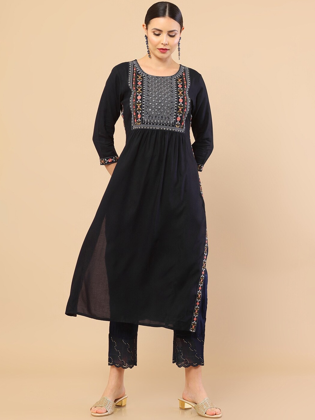 

Soch Women Black Yoke Design Thread Work Silk Kurta