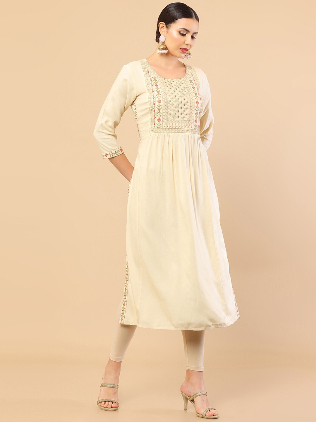 

Soch Women Beige Yoke Design Thread Work Silk Kurta