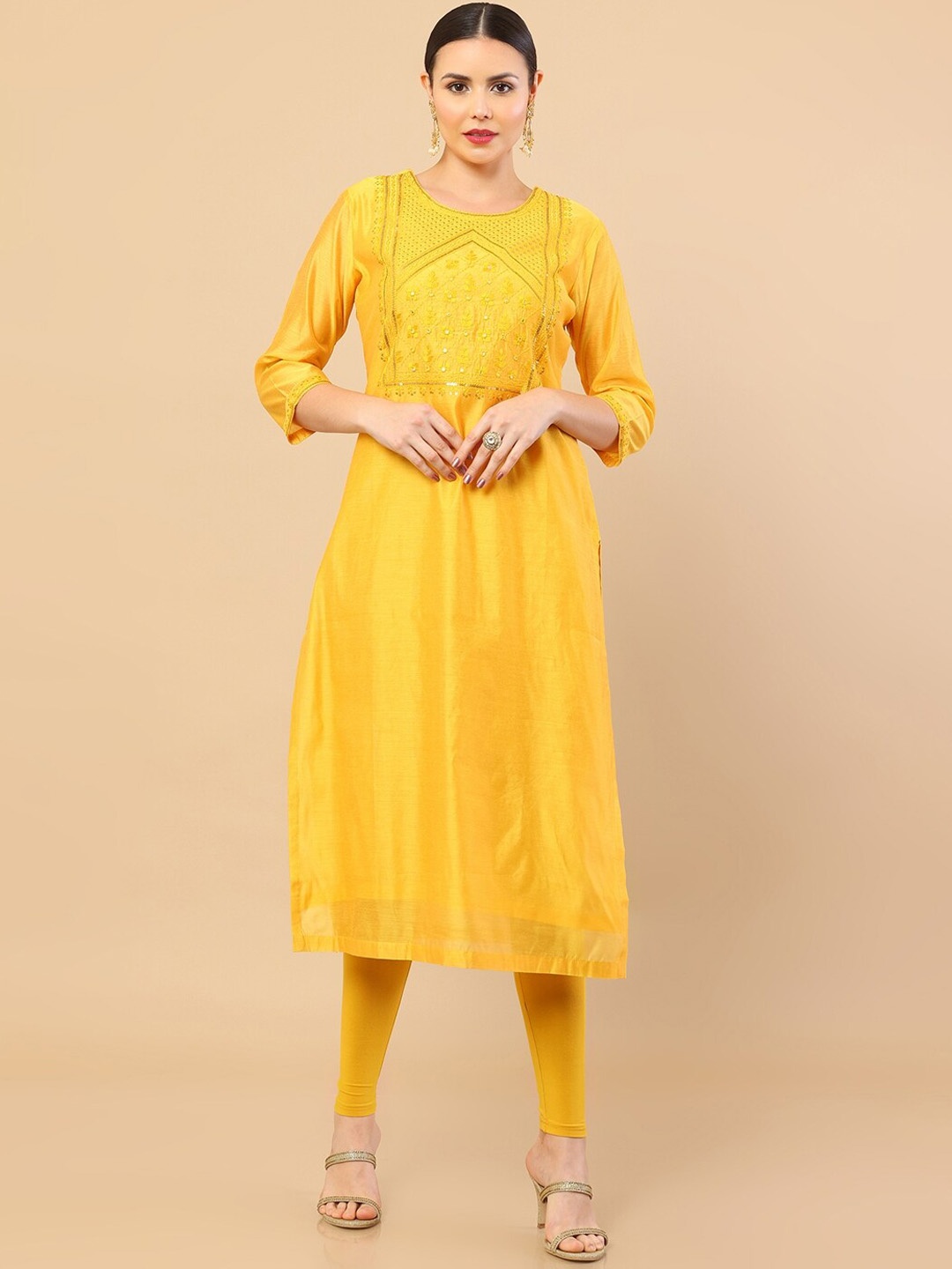 

Soch Women Yellow Yoke Design Chanderi Silk Kurta