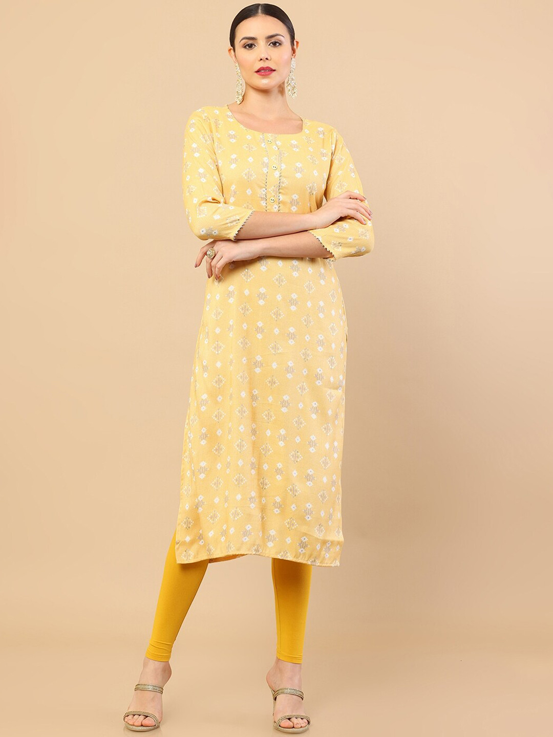 

Soch Women Yellow Ethnic Motifs Printed Gotta Patti Silk Kurta