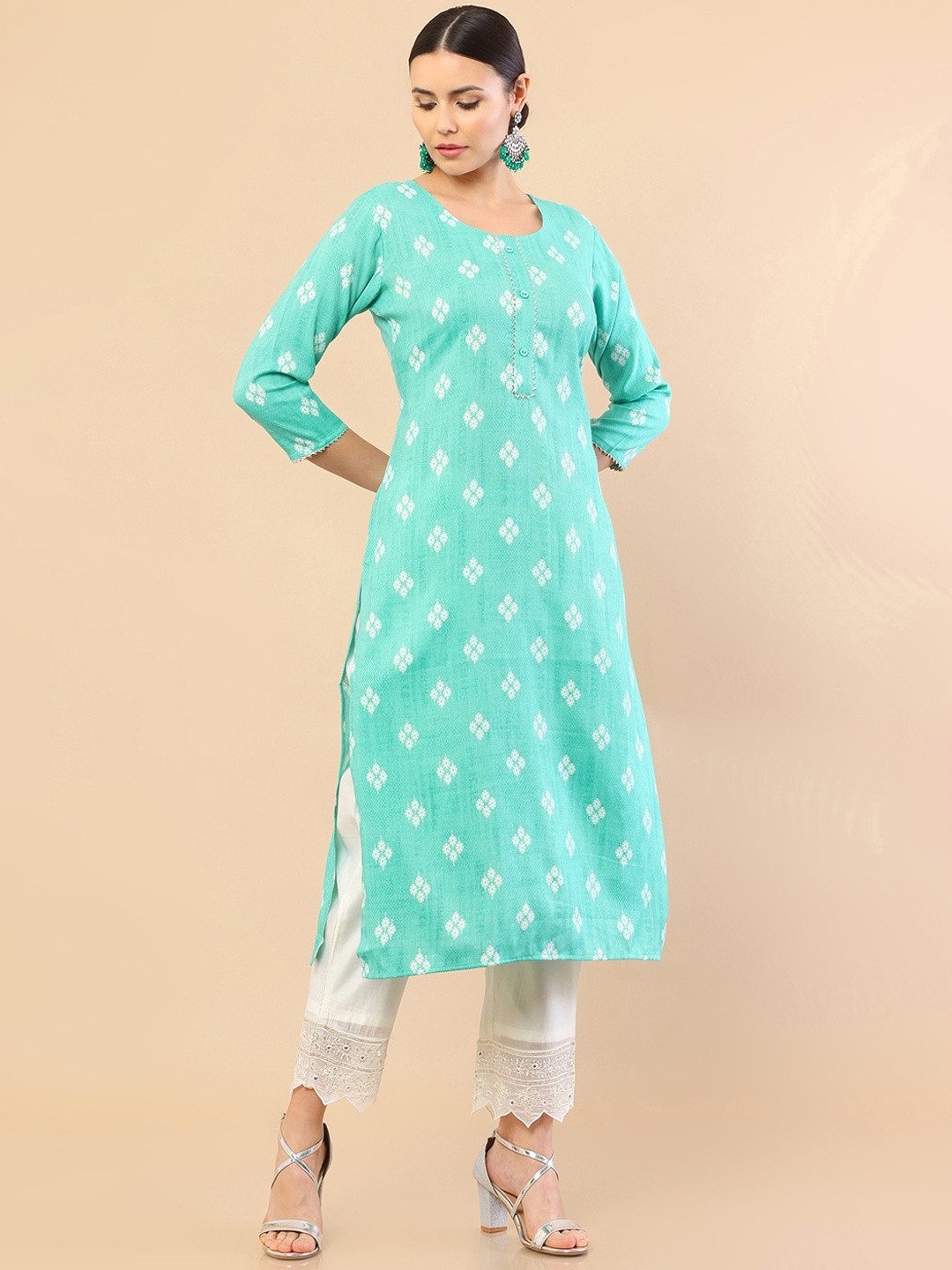 

Soch Women Teal Ethnic Motifs Printed Gotta Patti Silk Kurta