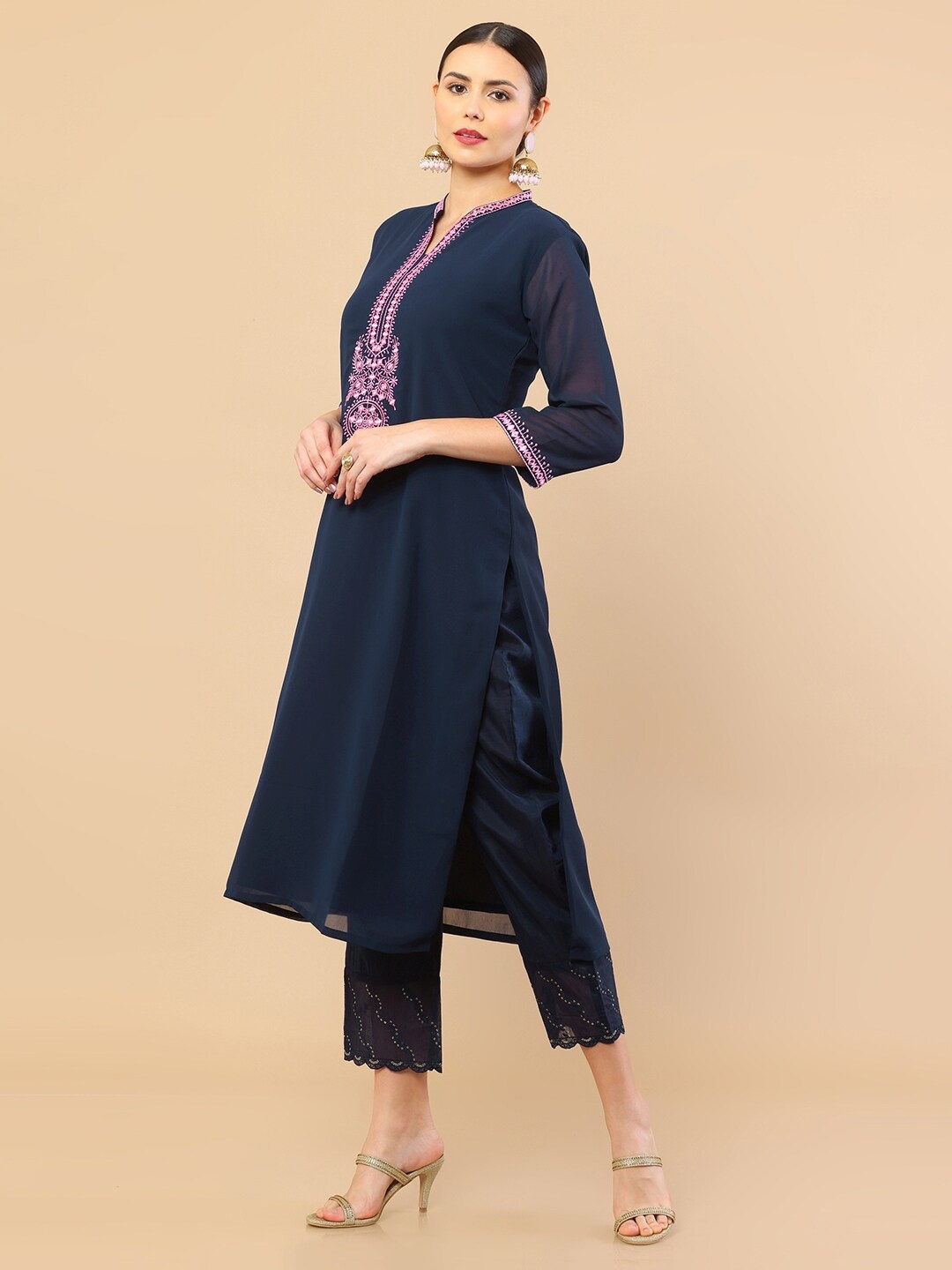 

Soch Women Navy Blue Embroidered Thread Work Georgette Kurta