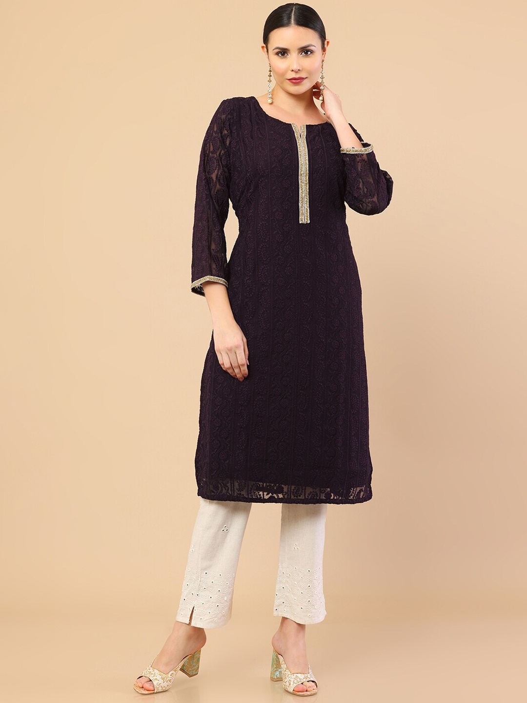 

Soch Women Purple Ethnic Motifs Embroidered Georgette Kurta
