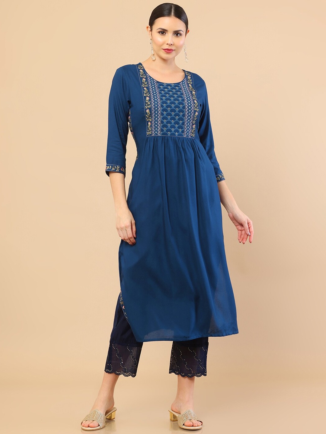 

Soch Women Navy Blue Yoke Design Thread Work Silk Kurta