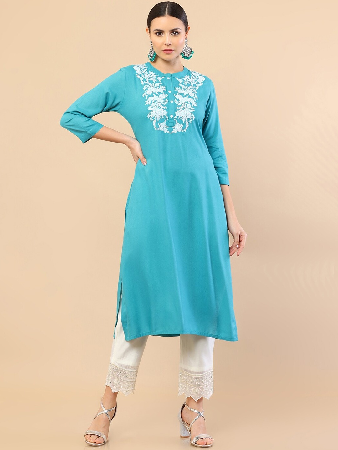 

Soch Women Blue Yoke Design Thread Work Silk Kurta