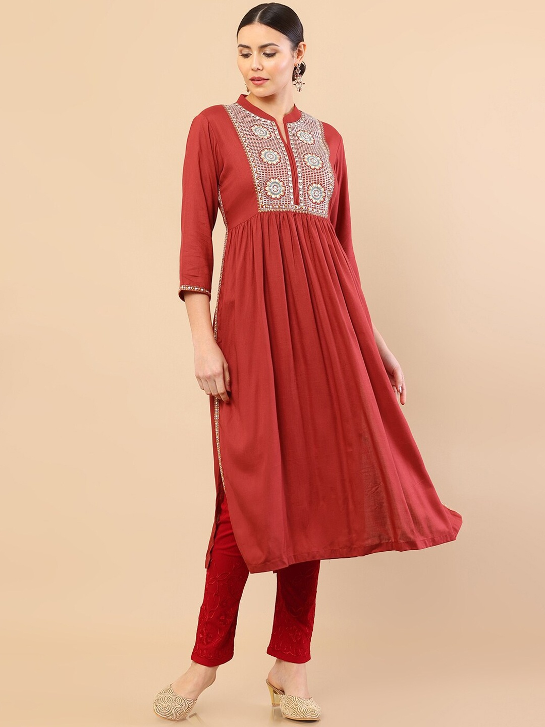 

Soch Women Rust Yoke Design Thread Work Silk Kurta
