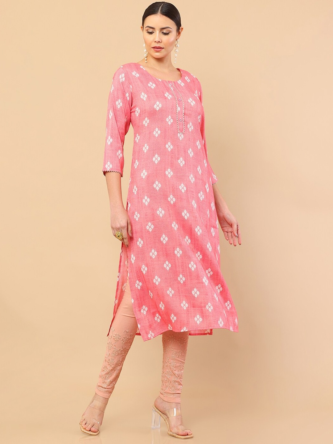 

Soch Women Coral Floral Printed Keyhole Neck Kurta