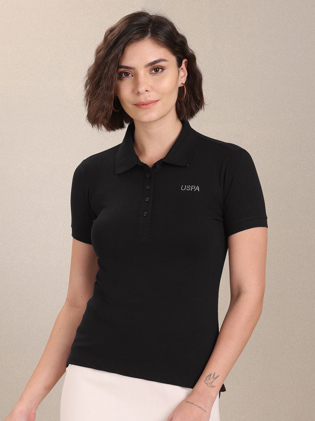 

U S Polo Assn Women Black Polo Collar Slim Fit T-shirt