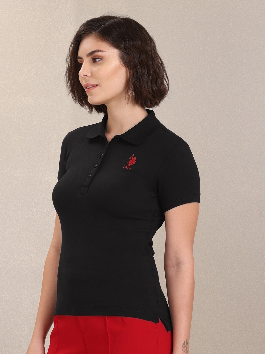 

U S Polo Assn Women Women Black Polo Collar Slim Fit Cotton T-shirt