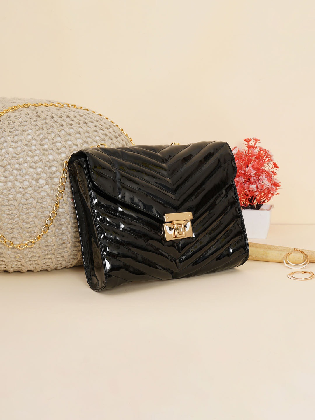 

FABBHUE Women Black PU Structured Quilted Sling Bag With Detachable Chain