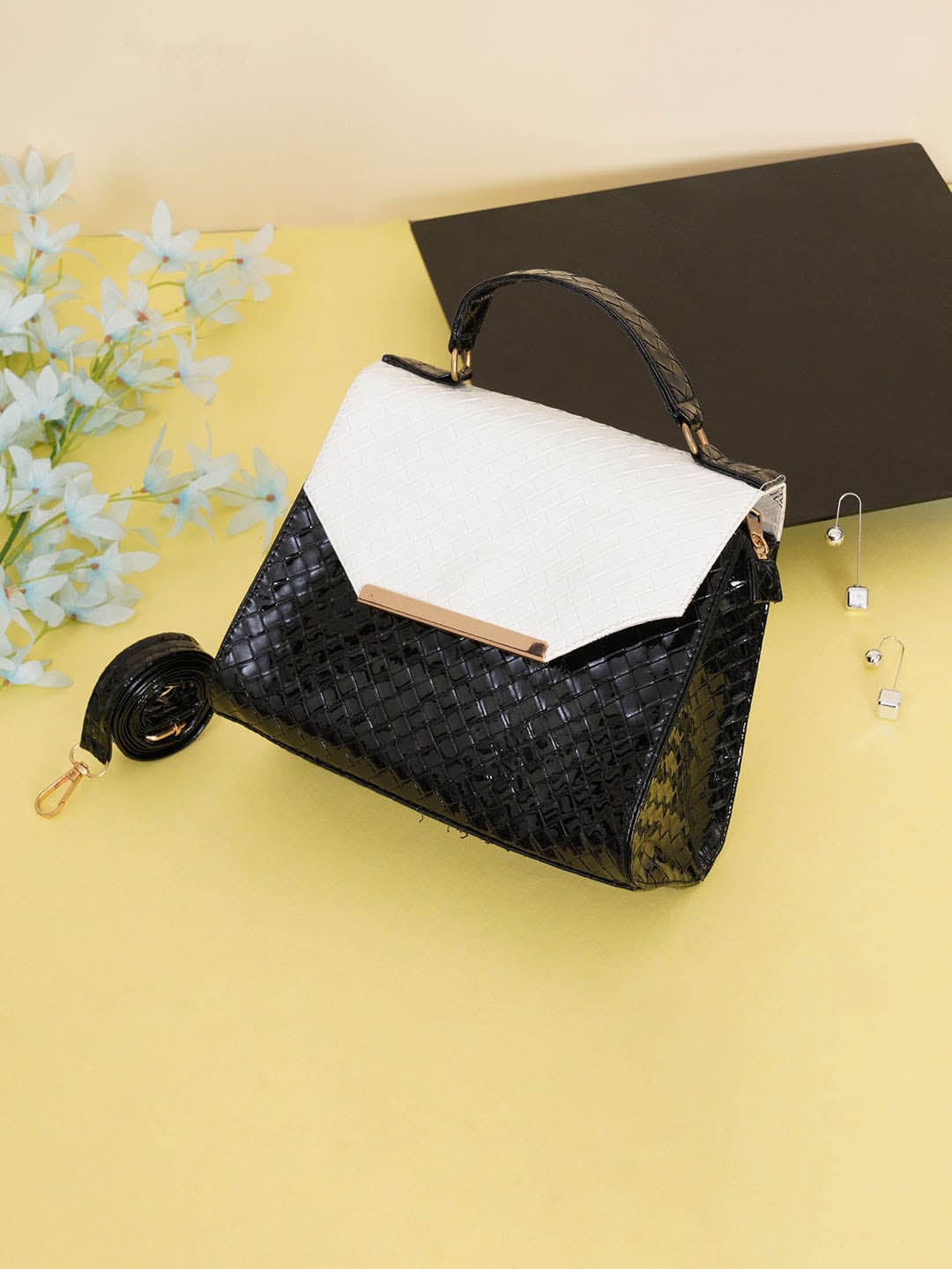 

FABBHUE Black Textured PU Structured Handheld Bag