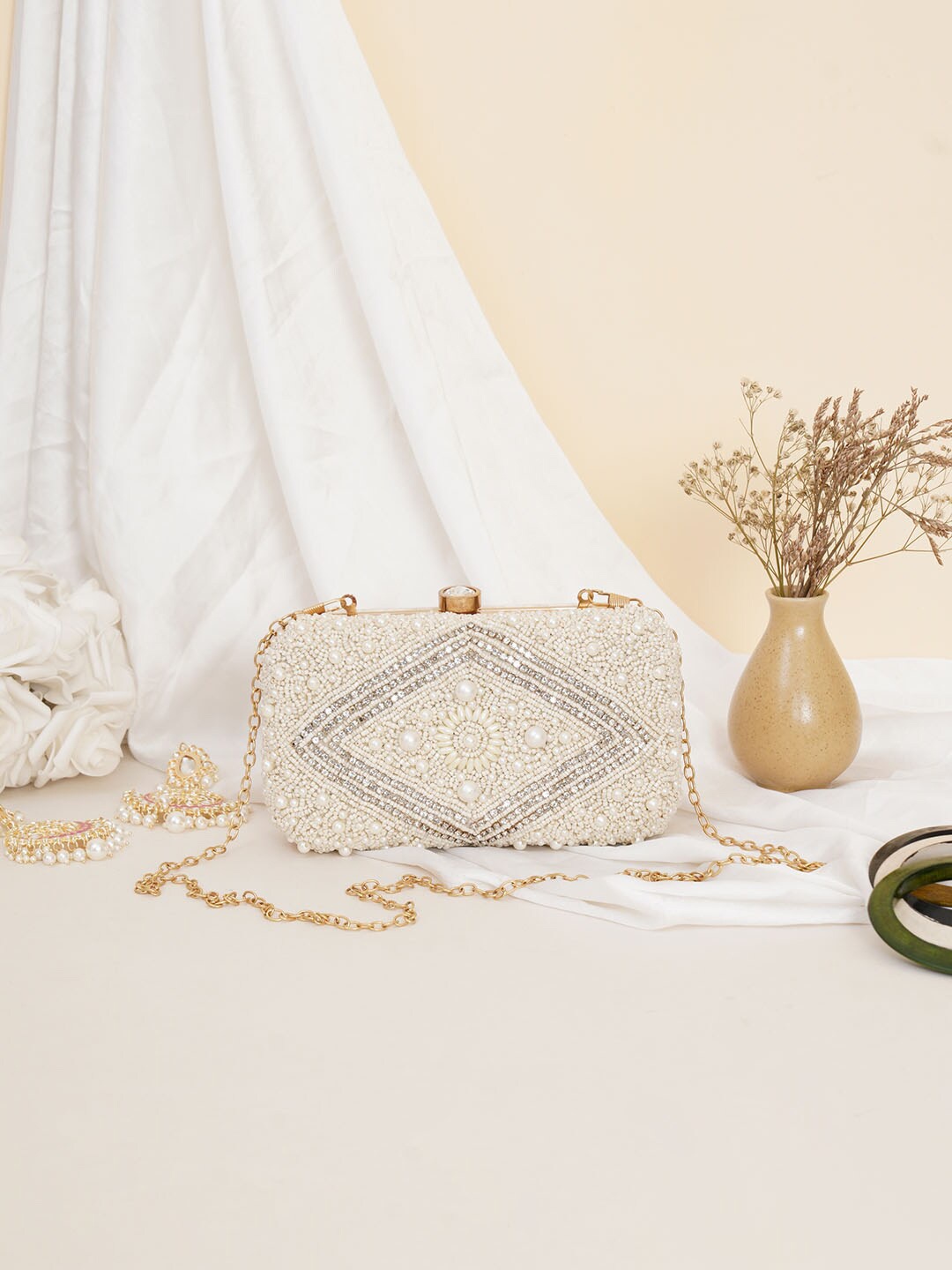 

FABBHUE White Embroidered Box Clutch