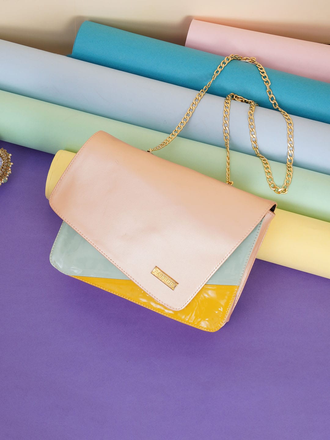 

FABBHUE Women Pink and Blue Colourblocked PU Structured Sling Bag