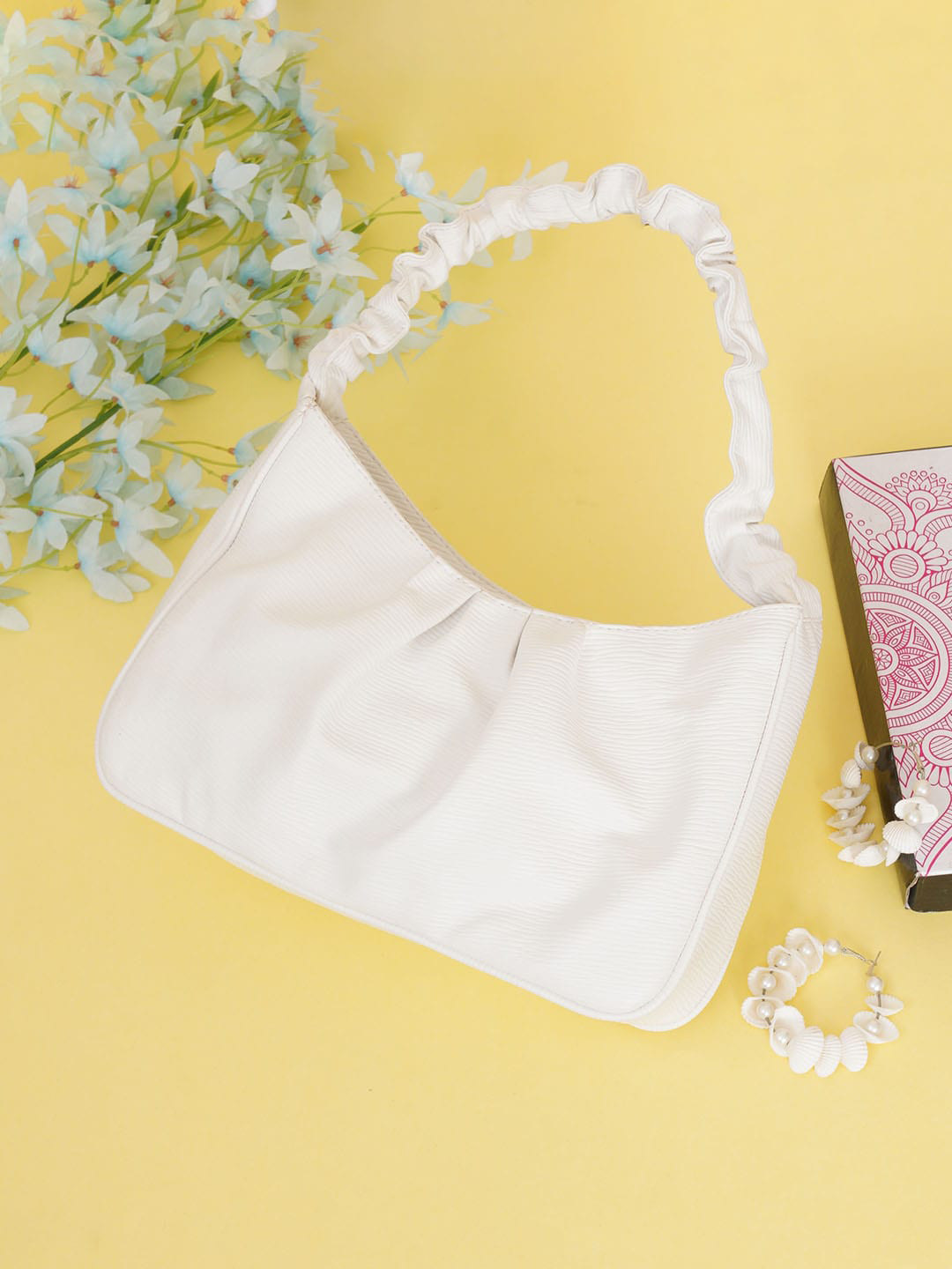 

FABBHUE White Textured PU Structured Hobo Bag