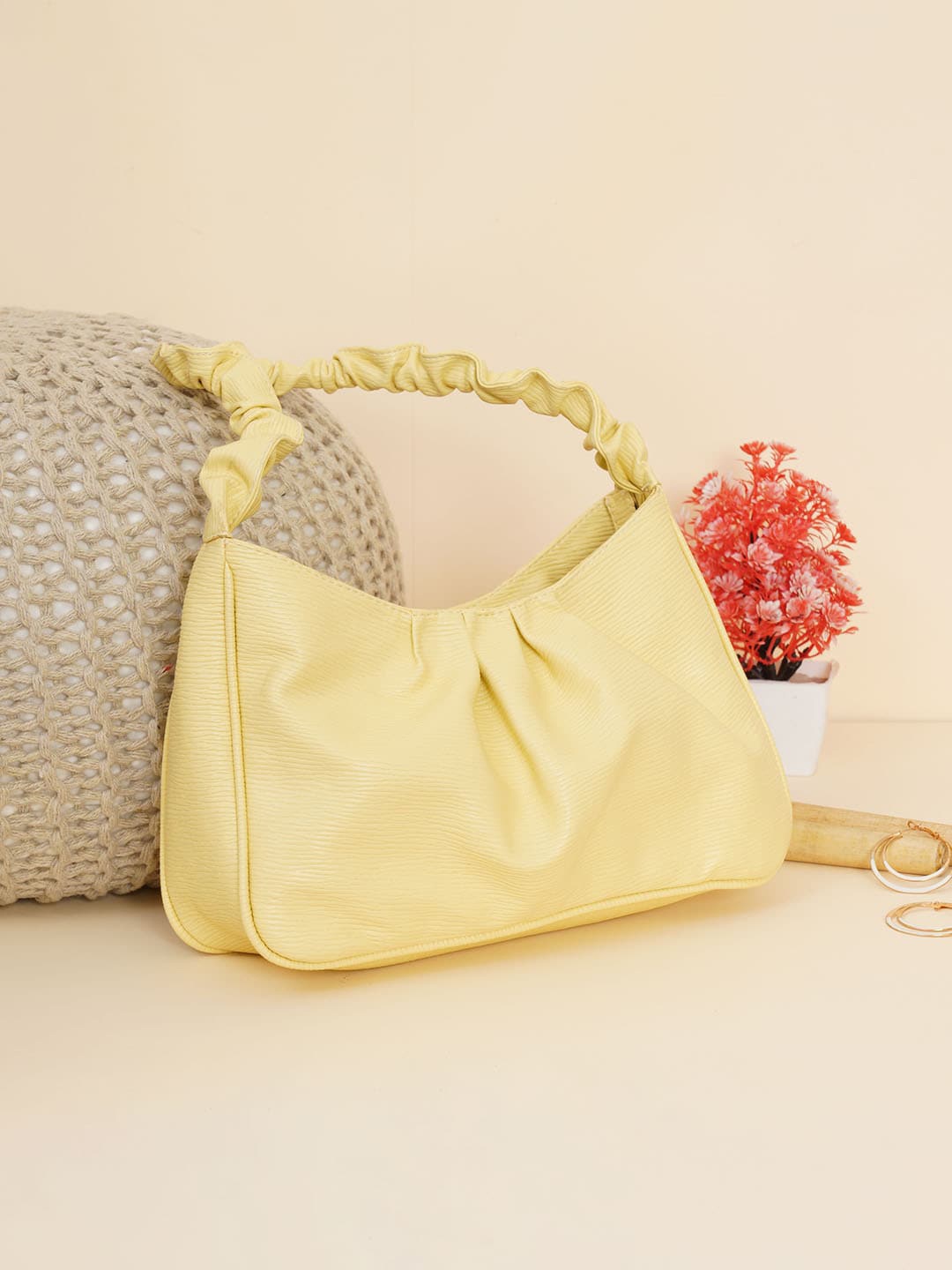 

FABBHUE Yellow PU Structured Tote Bag with Bow Detail