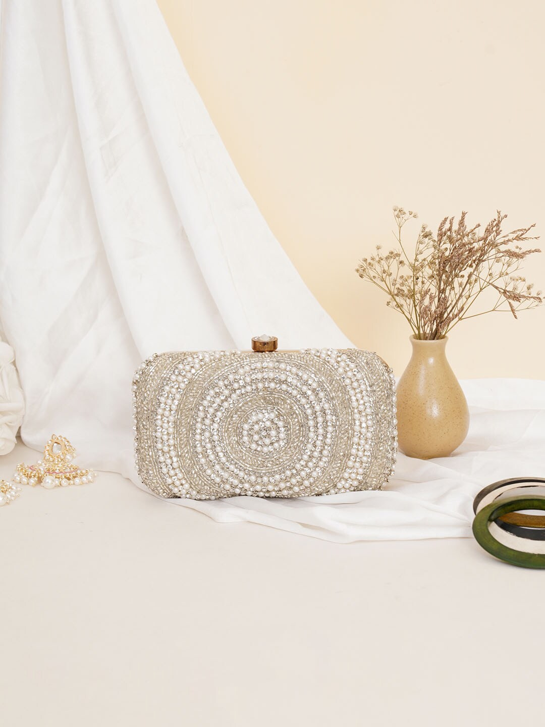 

FABBHUE White & Gold-Toned Embroidered Box Clutch