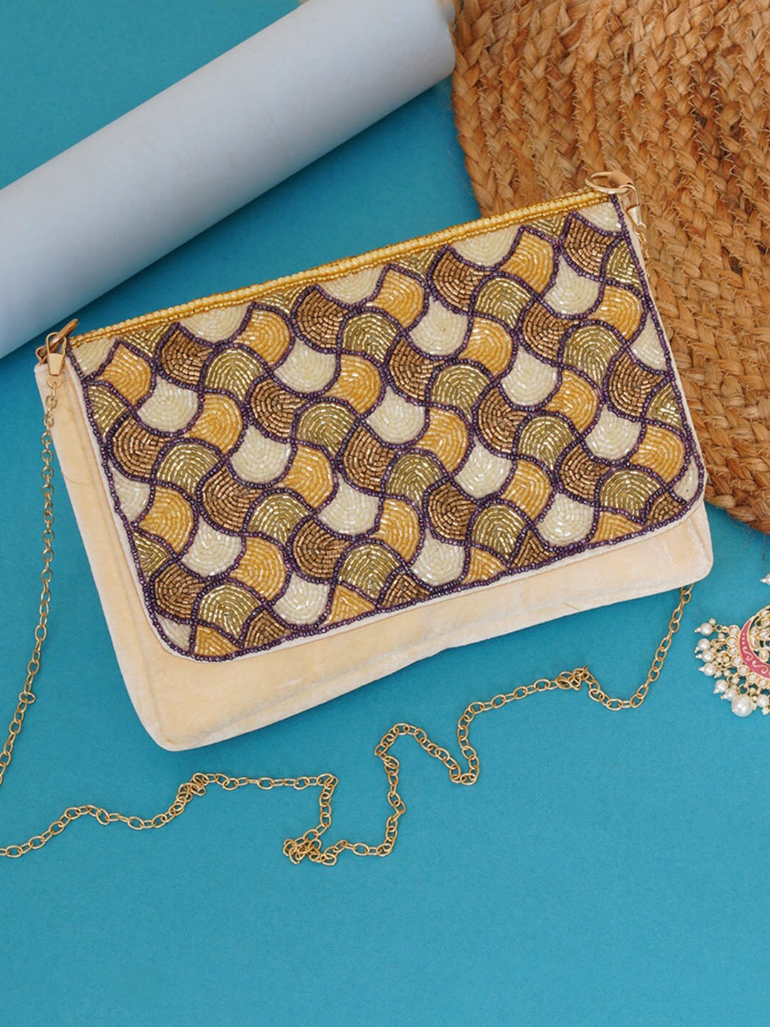 

FABBHUE Gold-Toned & Green Embroidered Foldover Clutch