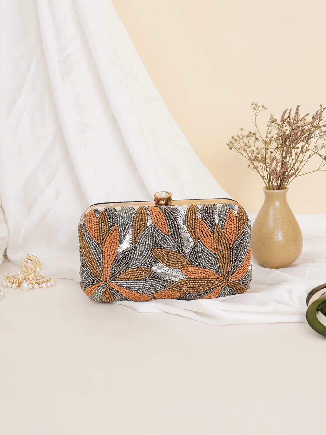 

FABBHUE Grey & Orange Embroidered Box Clutch