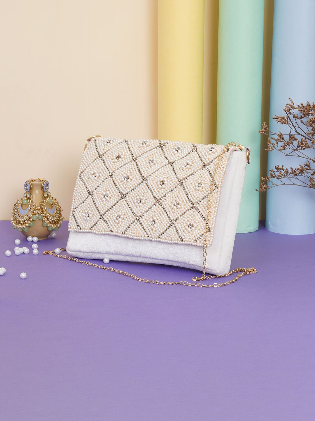 

FABBHUE White & Gold-Toned Embroidered Embellished Foldover Clutch
