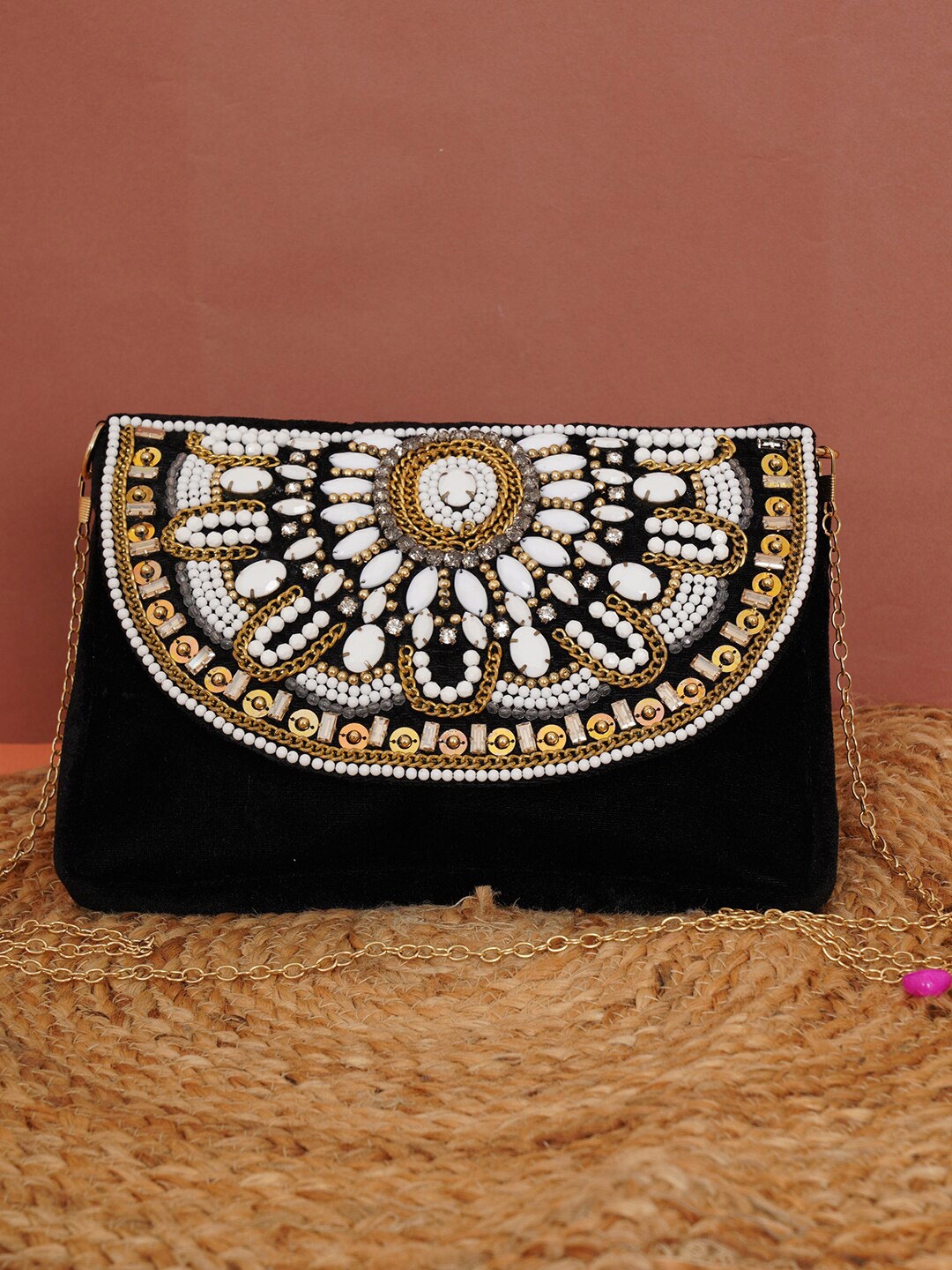 

FABBHUE Women Black & Gold-Toned Embellished Foldover Clutch