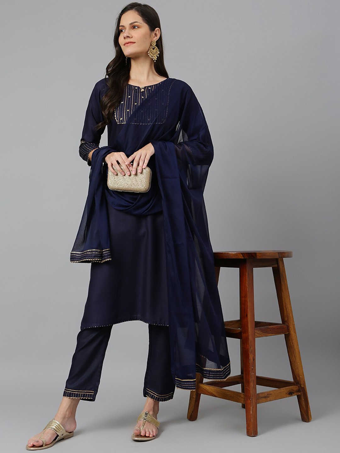 

Kiana Women Blue Embroidered Gotta Patti Kurta with Trousers & With Dupatta