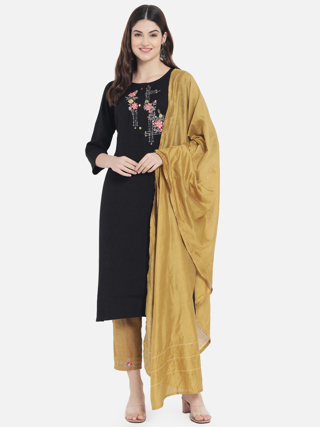 

Kiana Women Black Floral Embroidered Kurta with Trousers & With Dupatta