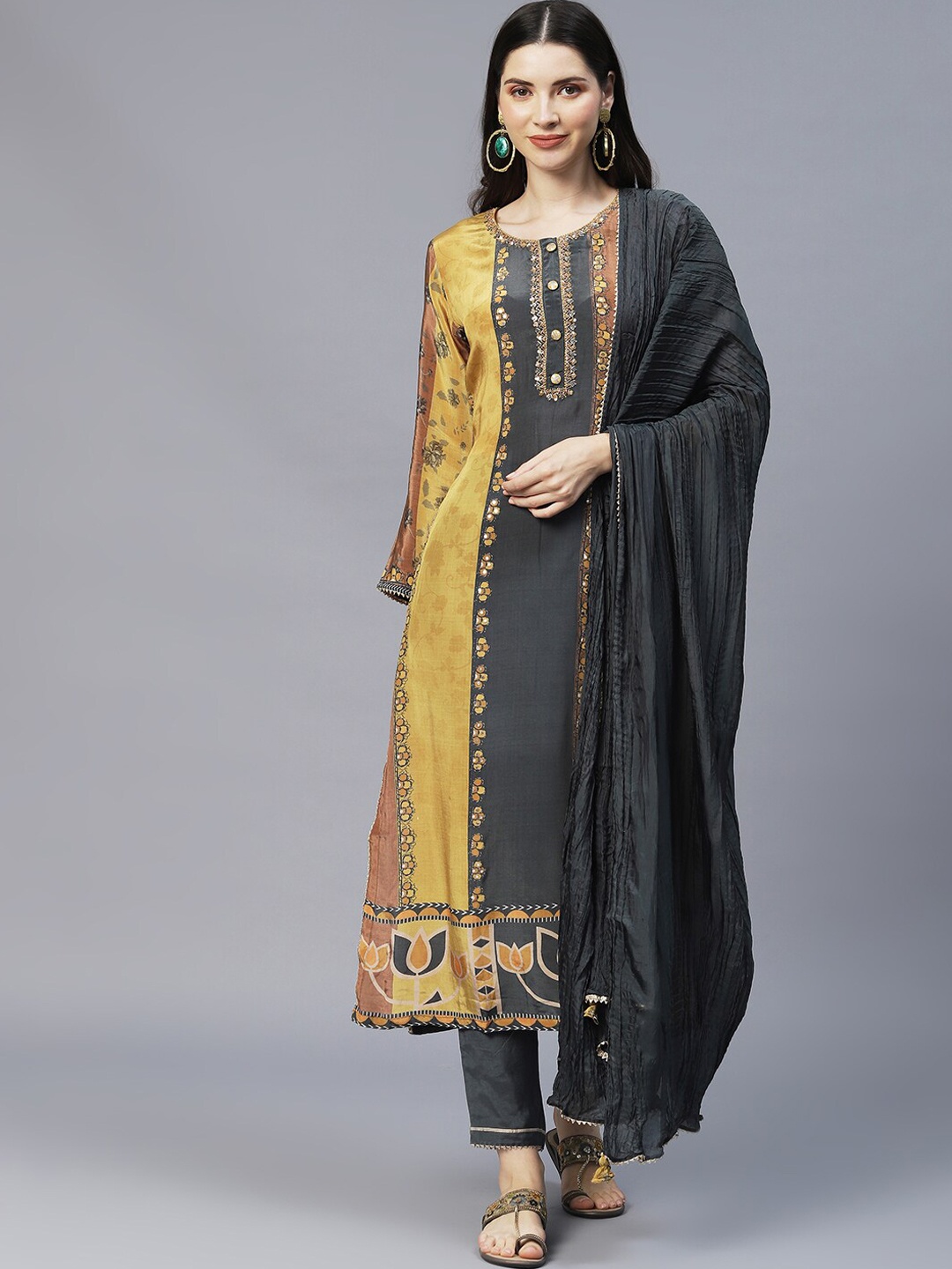

Envy Me by FASHOR Women Mustard Yellow & Grey Embroidered Straight Kurta Set