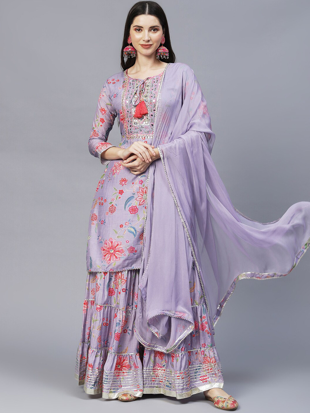 

Envy Me by FASHOR Women Purple Floral Printed Mirror Work Kurti with Sharara & With Dupatta