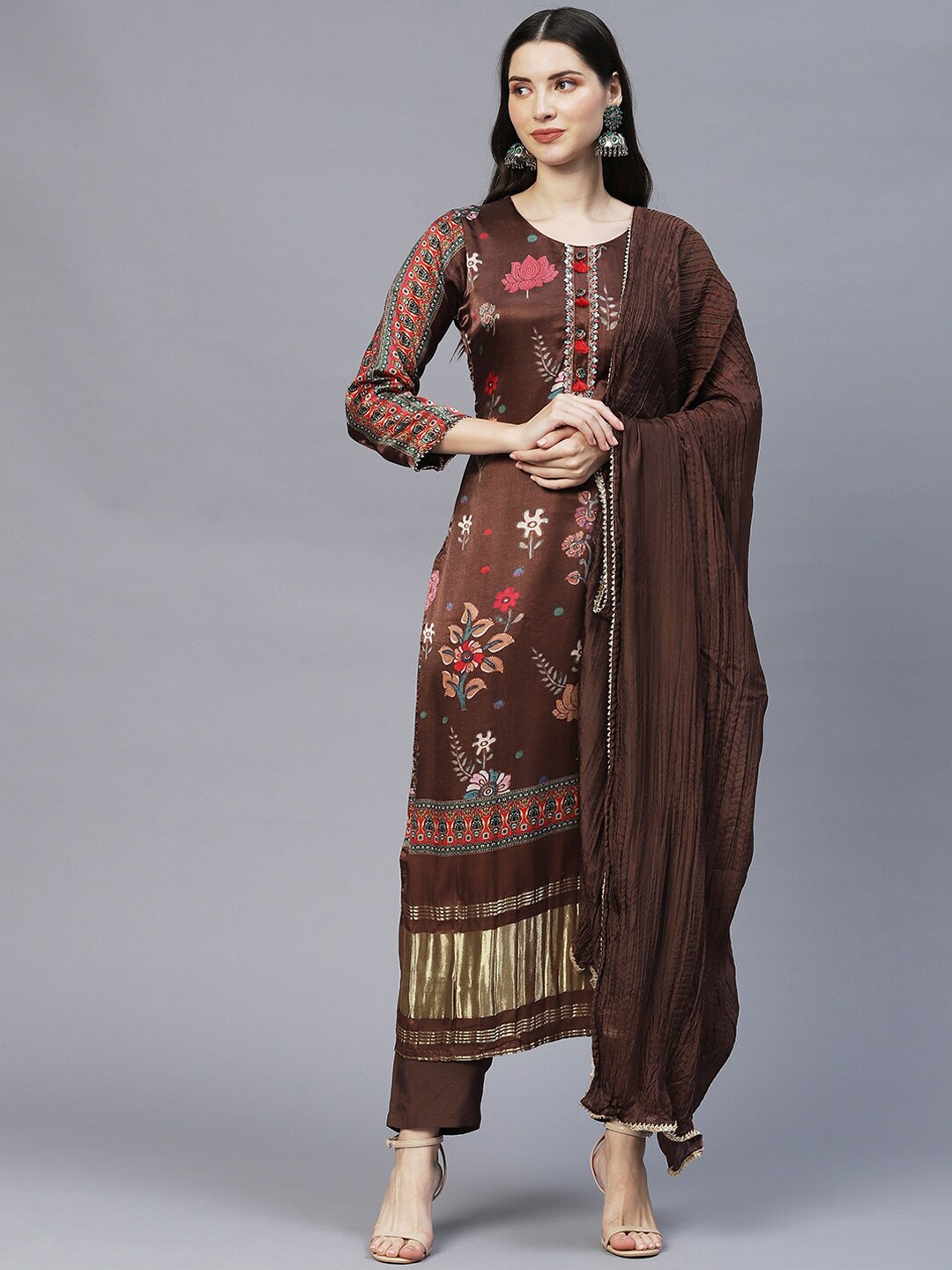 

Envy Me by FASHOR Women Brown Ethnic Motifs Printed Kurta with Trousers & Dupatta