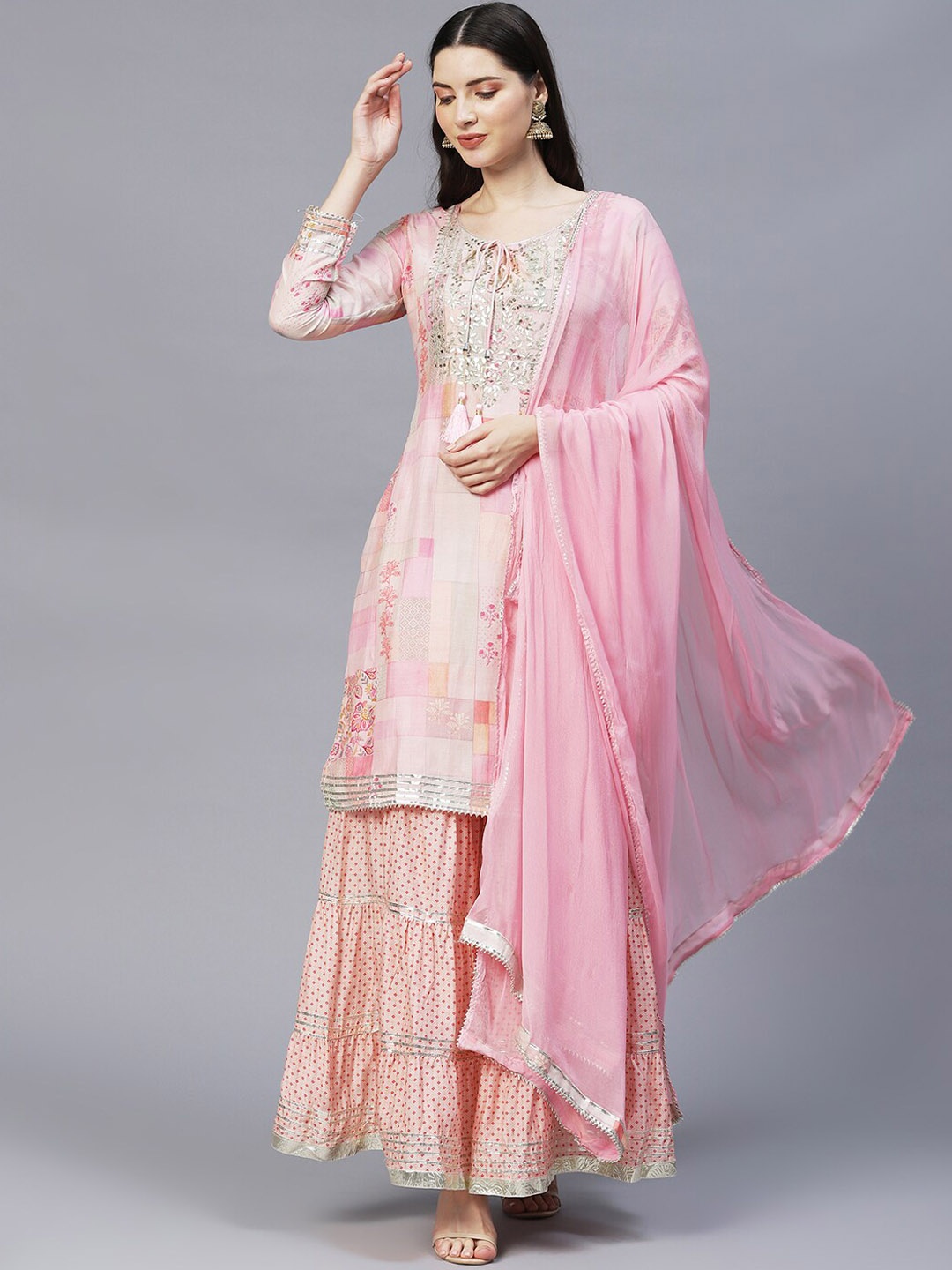 

Envy Me by FASHOR Women Pink Ethnic Motifs Printed Gotta Patti Kurta with Sharara & With Dupatta