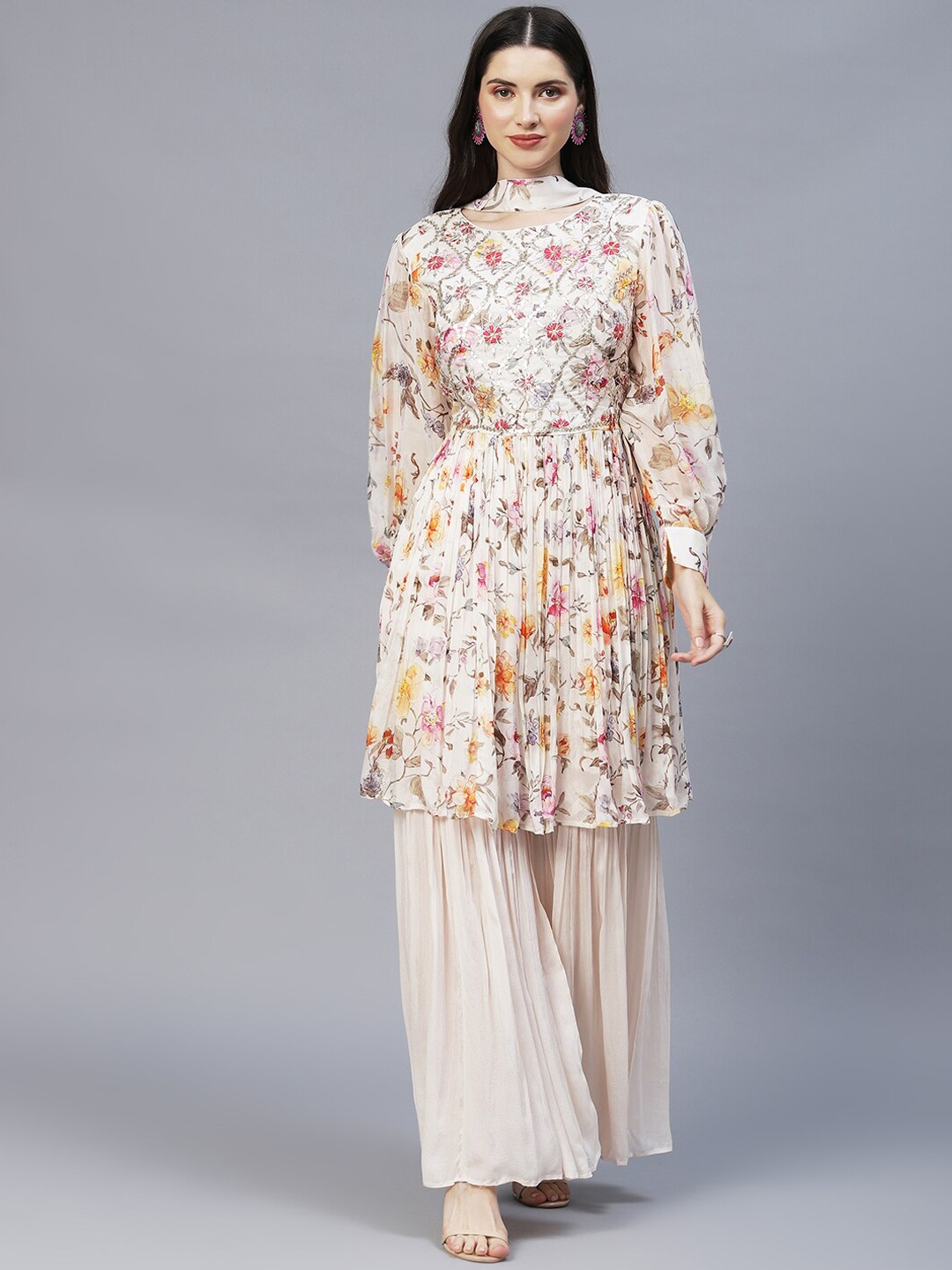 

Envy Me by FASHOR Women Cream-Coloured Floral Printed Pleated Sequinned Silk Chiffon Kurta with Sharara &