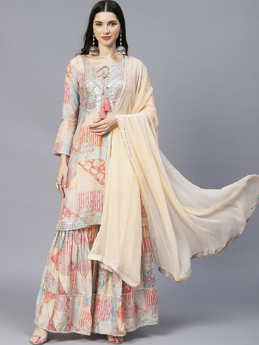 

Envy Me by FASHOR Women Cream & Pink Printed Straight Kurta with Sharara & With Dupatta