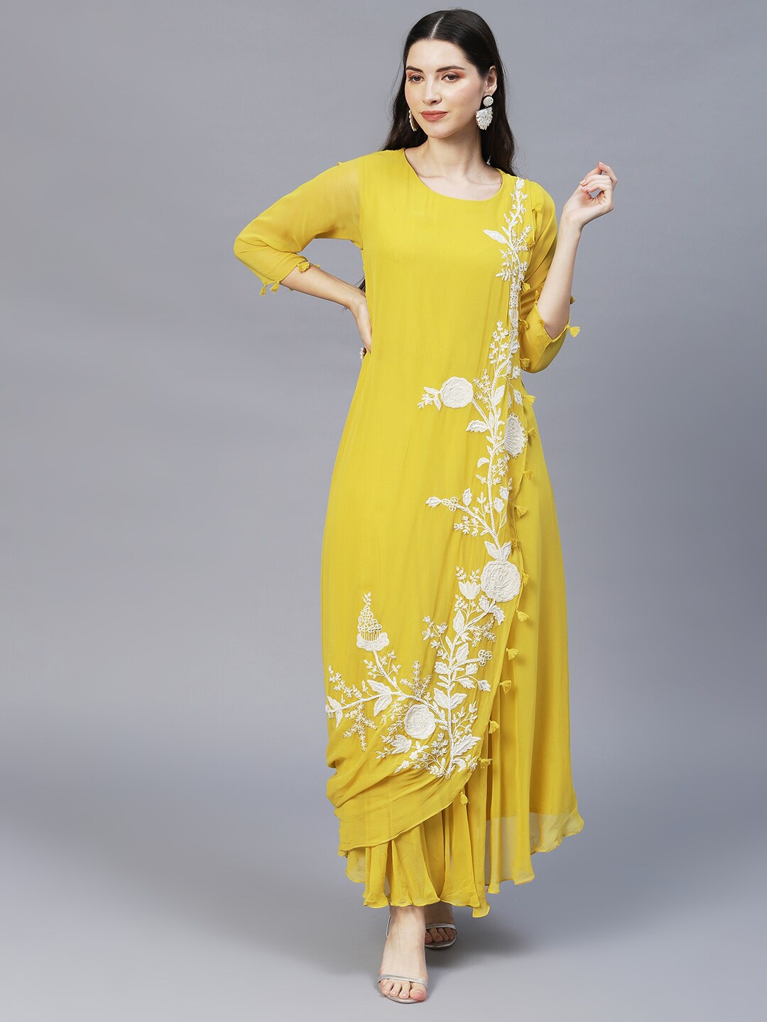 

Envy Me by FASHOR Mustard Yellow Floral Embroidered Georgette Maxi Dress