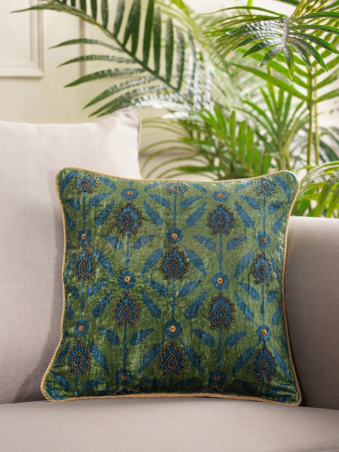 

Pure Home and Living Green & Blue Ethnic Motifs Velvet Square Cushion Covers
