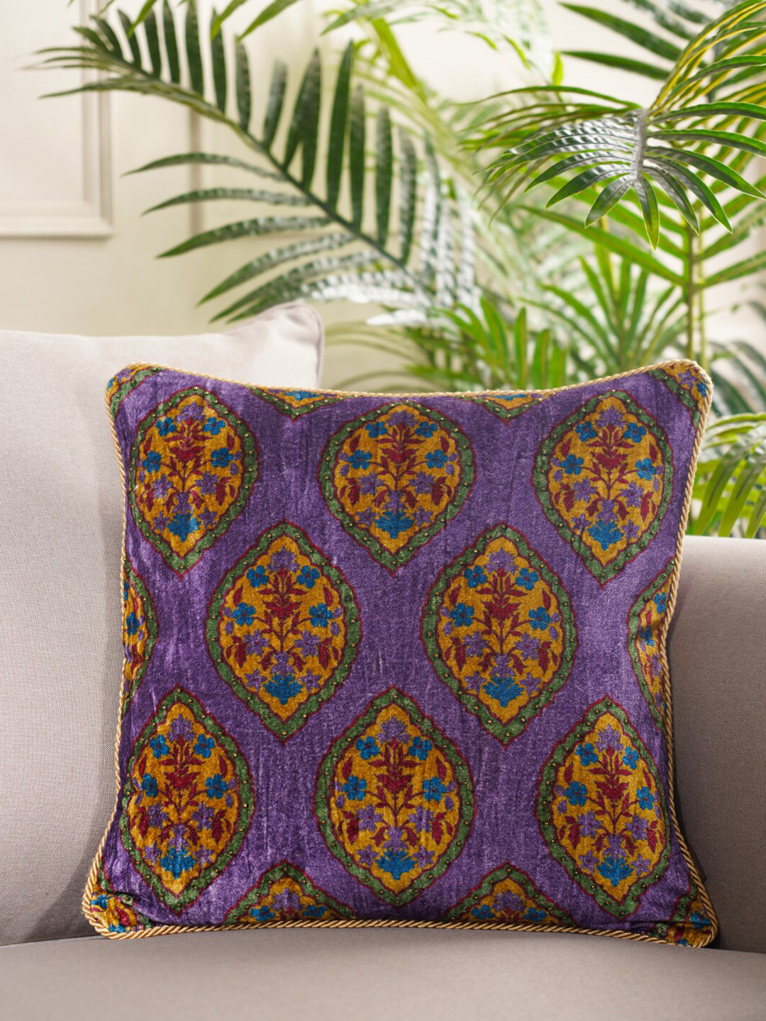 

Pure Home and Living Purple & Yellow Ethnic Motifs Velvet Square Cushion Covers