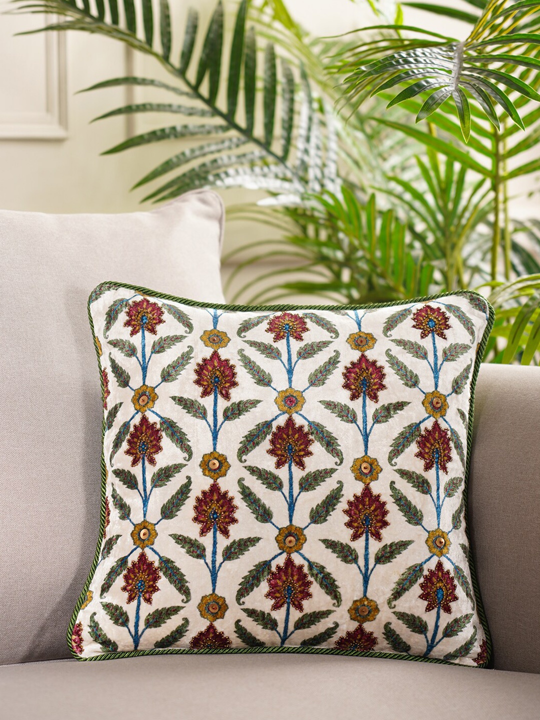 

Pure Home and Living White & Green Floral Velvet Square Cushion Covers