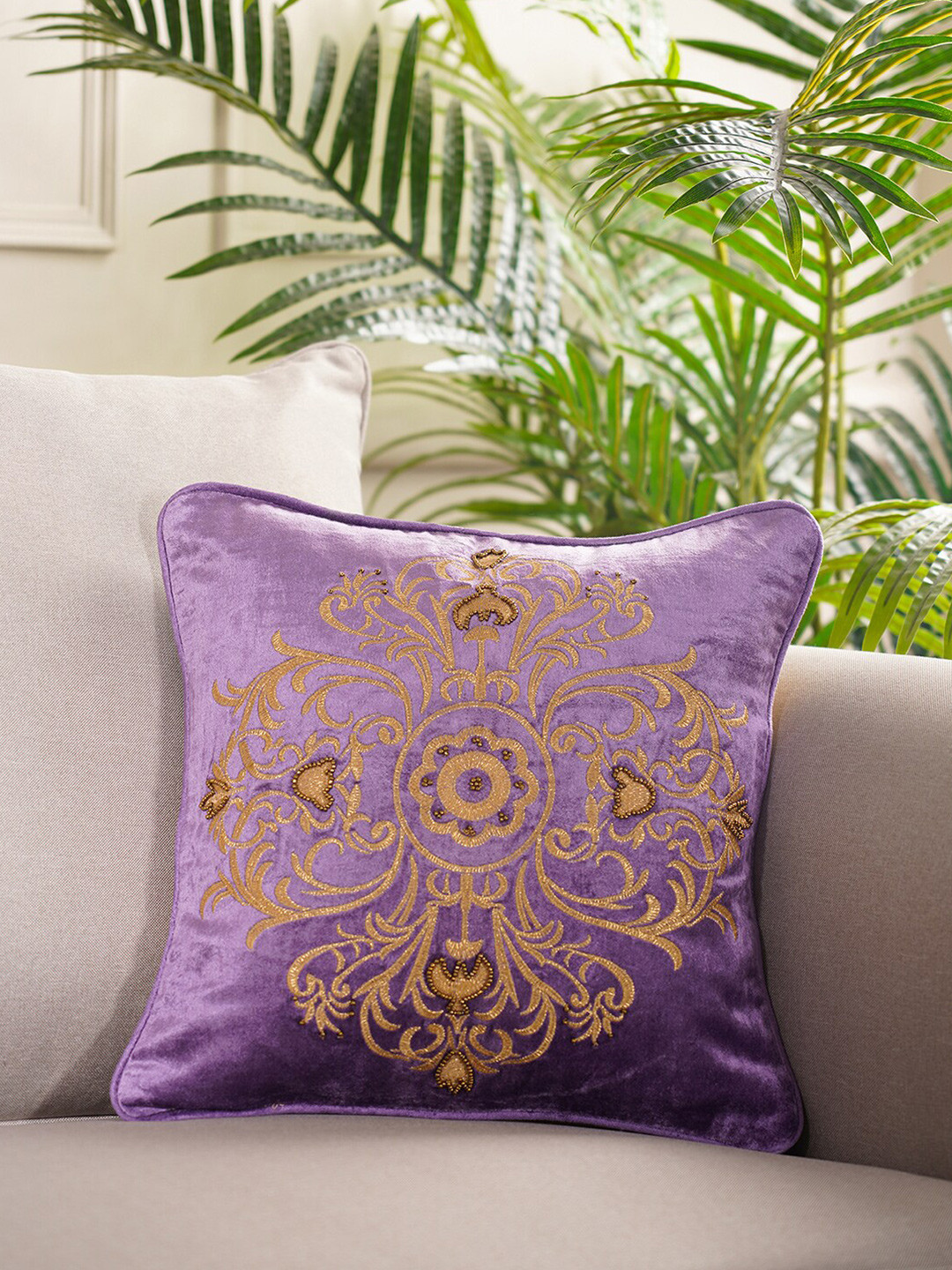 

Pure Home and Living Purple & Beige Ethnic Motifs Velvet Square Cushion Covers