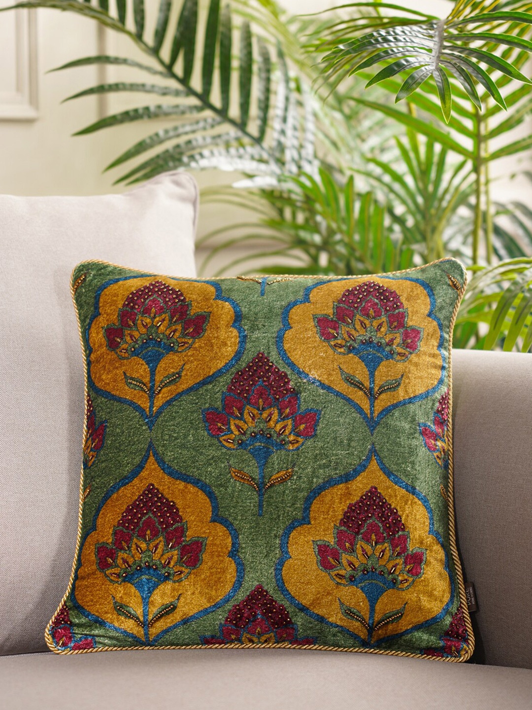 

Pure Home and Living Green & Yellow Ethnic Motifs Velvet Square Cushion Cover