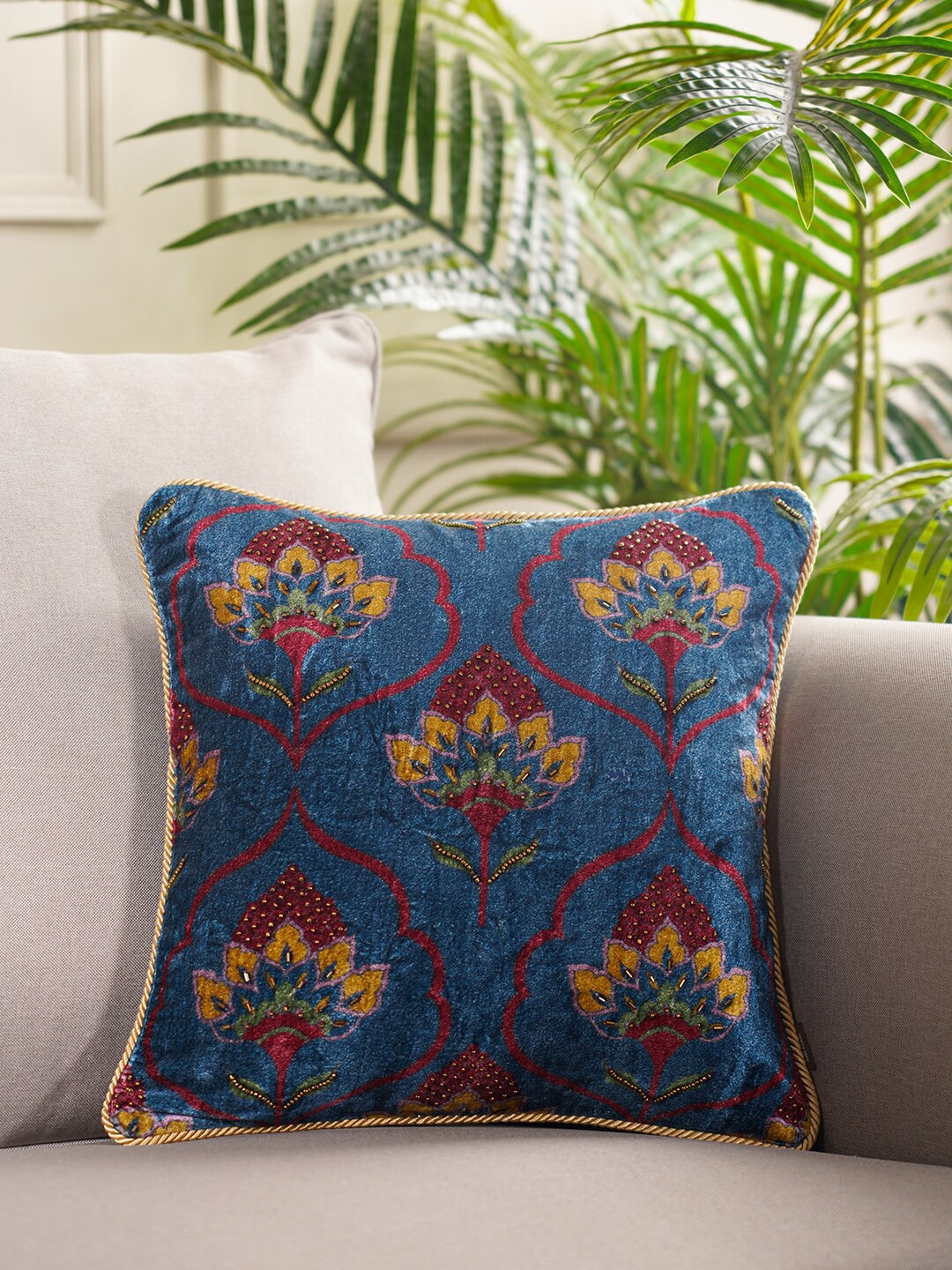 

Pure Home and Living Blue & Maroon Ethnic Motifs Velvet Square Cushion Covers