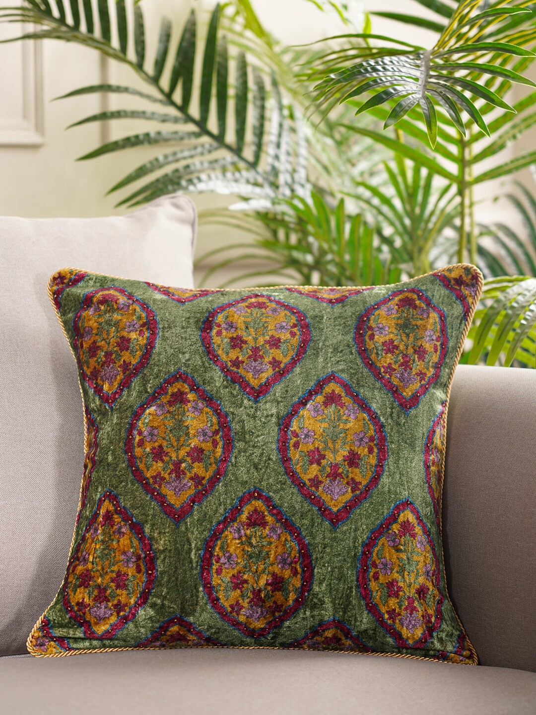 

Pure Home and Living Green & Pink Ethnic Motifs Velvet Square Cushion Covers