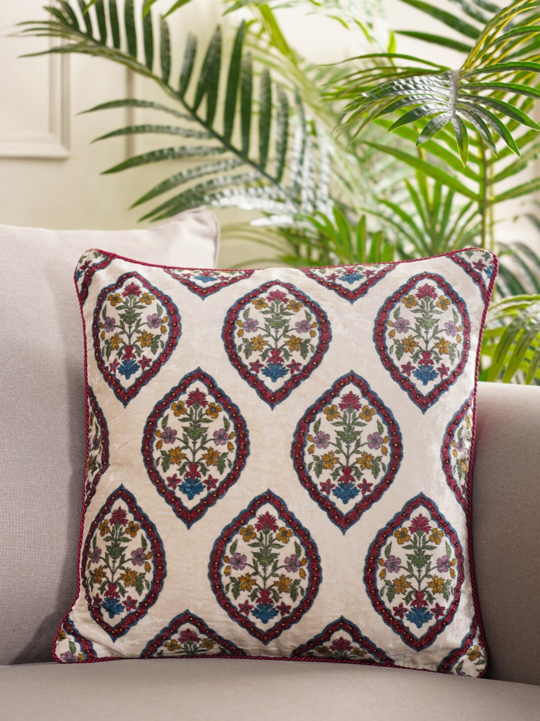 

Pure Home and Living White & Maroon Ethnic Motifs Velvet Square Cushion Cover