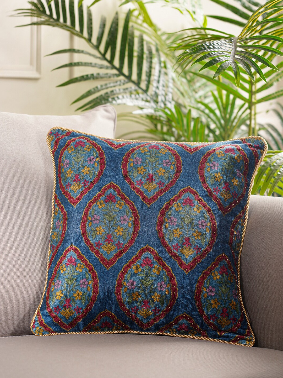 

Pure Home and Living Blue & Maroon Ethnic Motifs Velvet Square Cushion Covers