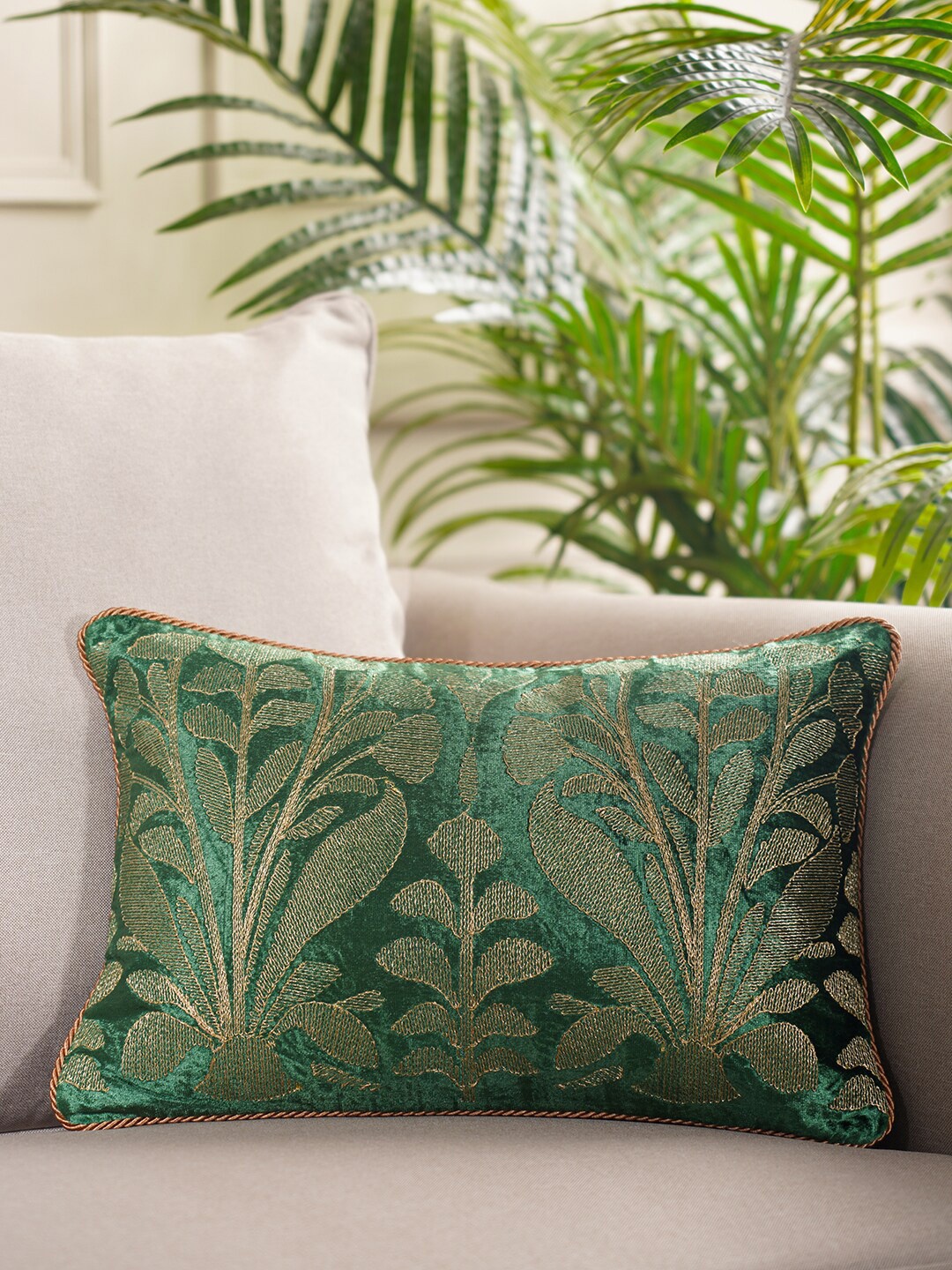 

Pure Home and Living Green & Gold-Toned Floral Velvet Rectangle Cushion Covers