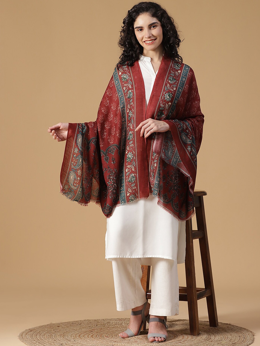 

SHINGORA Women Maroon Floral Printed Pure Wool Shawl