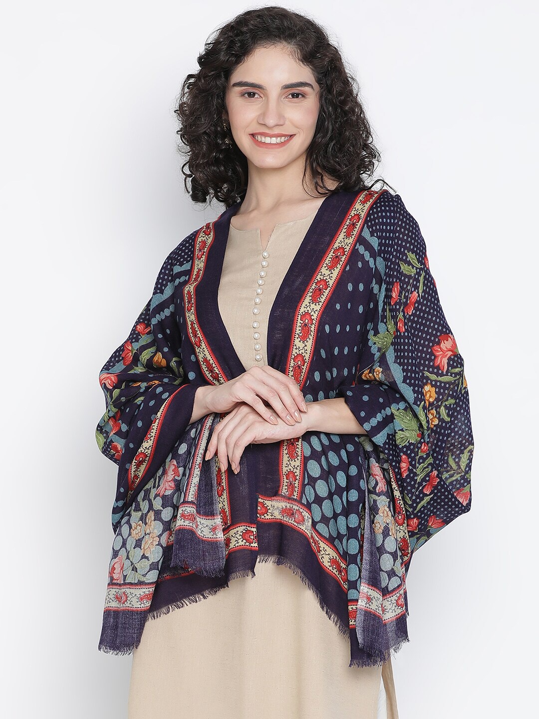 

SHINGORA Women Navy Blue Printed Pure Wool Shawl