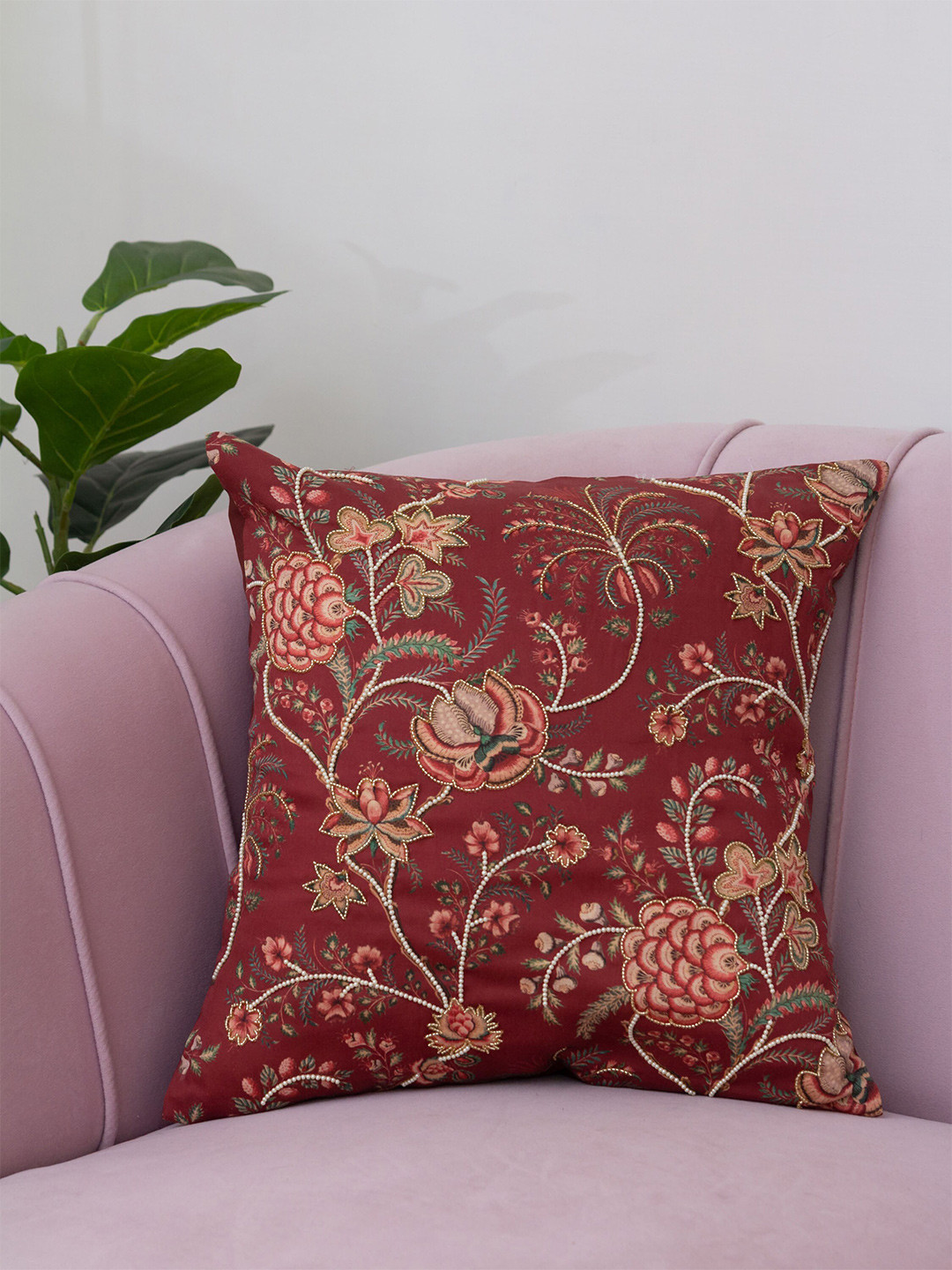 

BandBox Red & Green Floral Embroidery Square Cushion Covers
