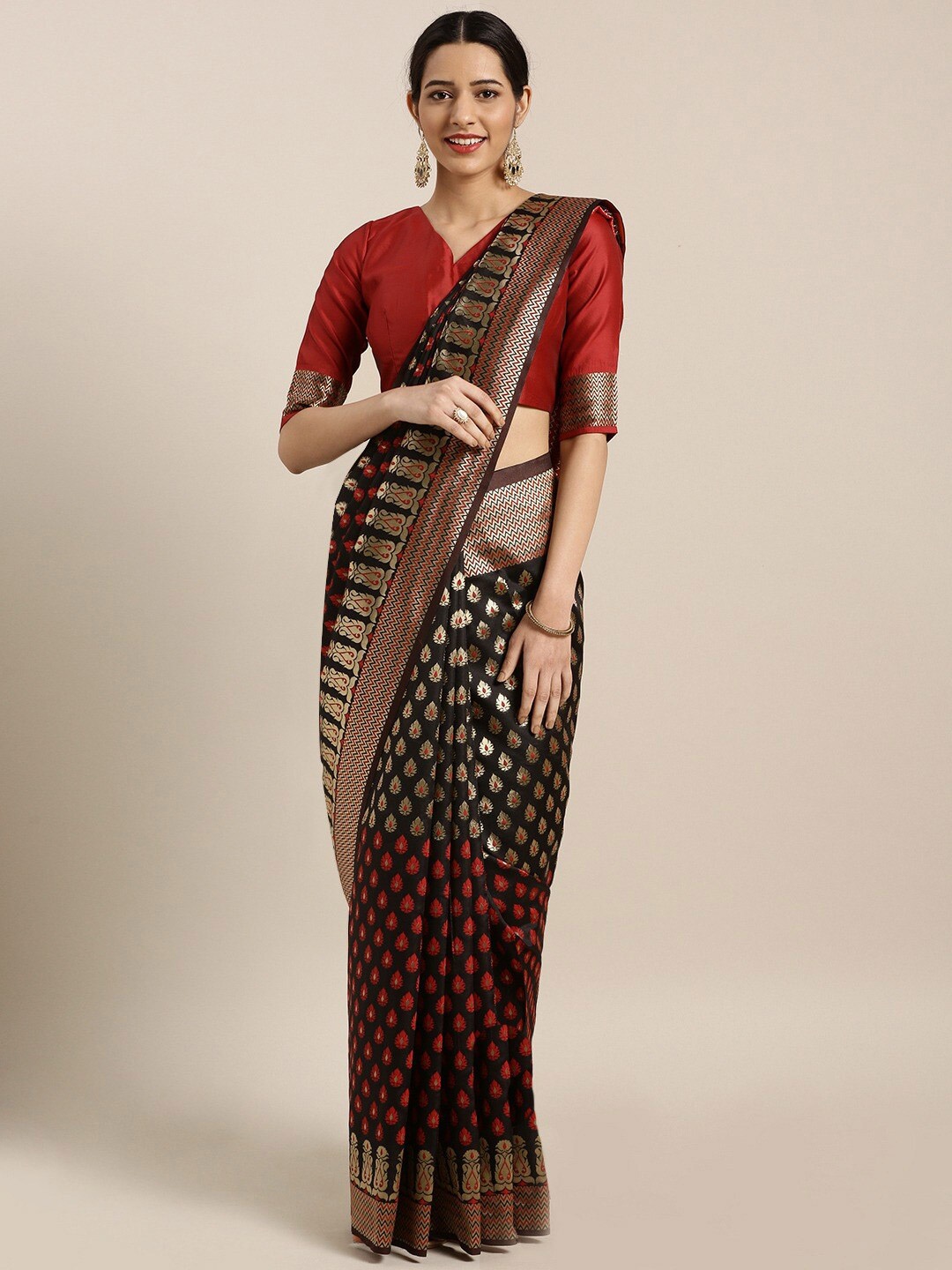 

KALINI Black & Red Woven Design Zari Silk Blend Saree